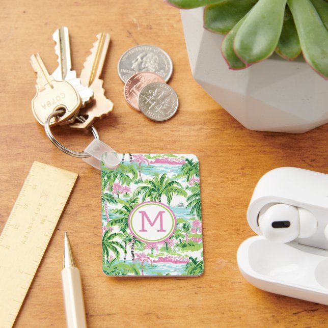 Preppy Pink and Green Tropical palm Trees Monogram Keychain (Desk)