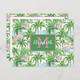 Preppy Pink and Green Tropical Palm Trees Monogram Note Card