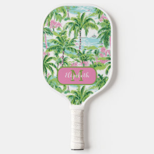 Preppy Pink and Green Tropical Palm Trees Monogram Pickleball Paddle