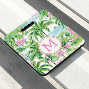 Preppy Pink and Green Tropical Palm Trees Monogram Seat Cushion