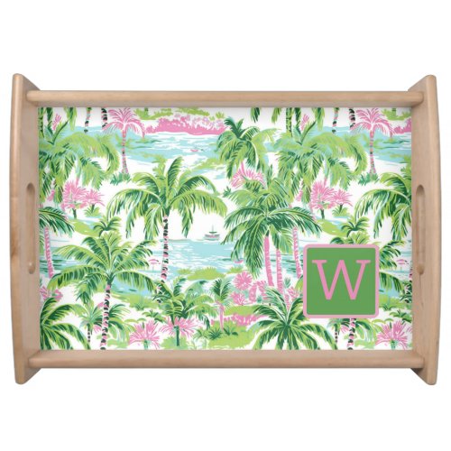 Preppy Pink and Green Tropical Palm Trees Monogram Serving Tray