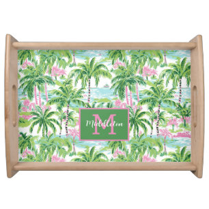 Preppy Pink and Green Tropical Palm Trees Monogram Serving Tray