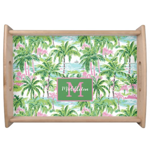 Preppy Pink and Green Tropical Palm Trees Monogram Serving Tray