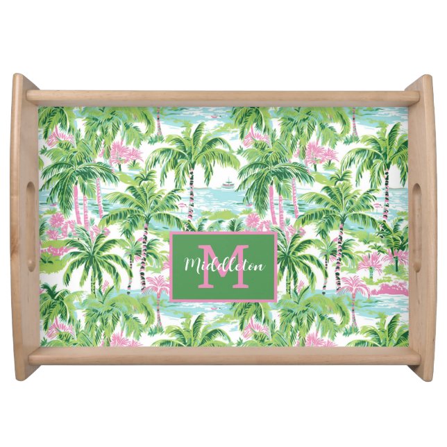 Preppy Pink and Green Tropical Palm Trees Monogram Serving Tray (Front)