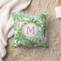 Preppy Pink and Green Tropical Palm Trees Monogram