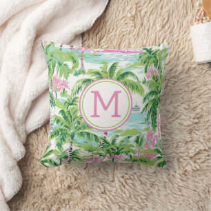 Preppy Pink and Green Tropical Palm Trees Monogram Throw Pillow