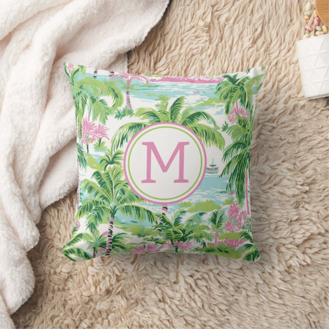 Preppy Pink and Green Tropical Palm Trees Monogram Throw Pillow (Blanket)