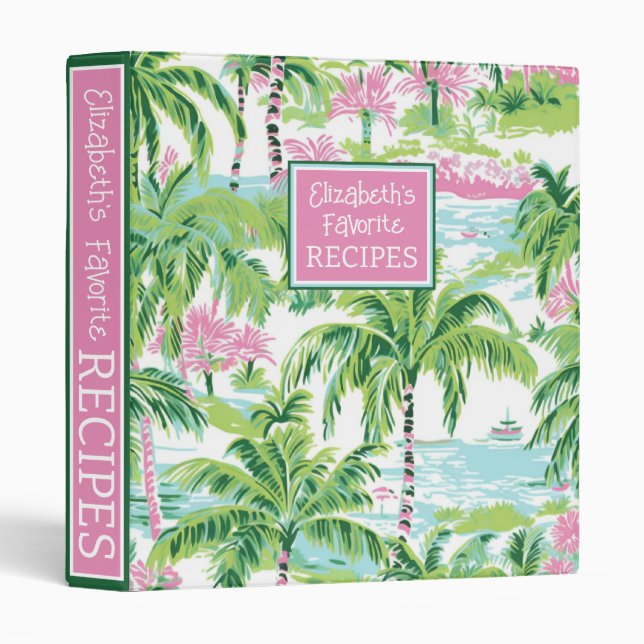 Preppy Pink and Green Tropical Palm Trees Recipe 3 Ring Binder (Front/Spine)