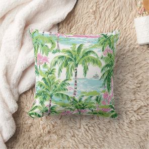 Preppy Pink and Green Tropical Palm Trees Throw Pillow