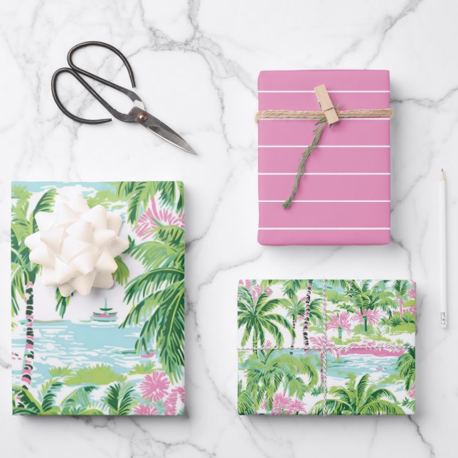 Preppy Pink and Green Tropical Palm Trees Wrapping Paper Sheets (Front)