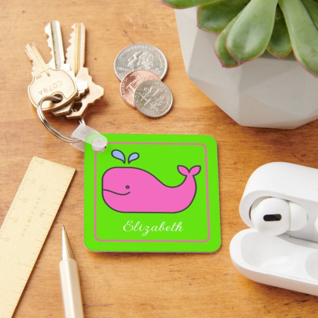 Preppy Pink and Green Whale Personalized Keychain (Desk)