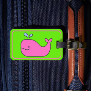 Preppy Pink and Green Whale Personalized Luggage Tag