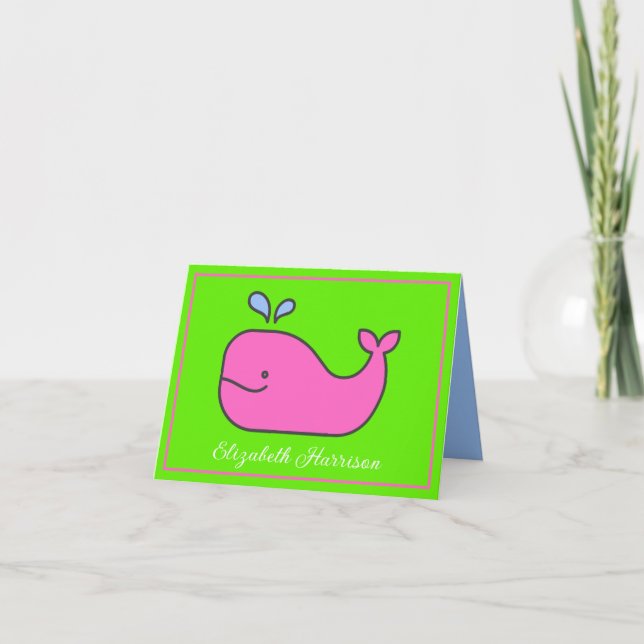Preppy Pink and Green Whale Personalized Note Card (Front)