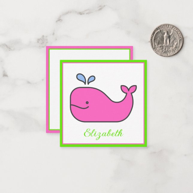 Preppy Pink and Green Whale Personalized Note Card (Front/Back In Situ)