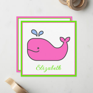 Preppy Pink and Green Whale Personalized Note Card