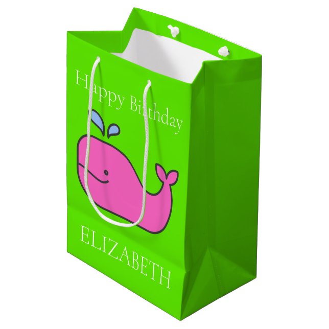 Preppy Pink and Green Whales Personalized Medium Gift Bag (Front Angled)