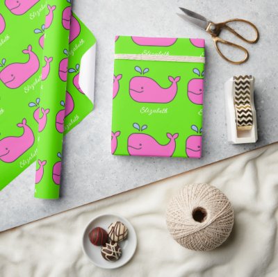 Preppy Pink and Green Whales Personalized Wrapping Paper