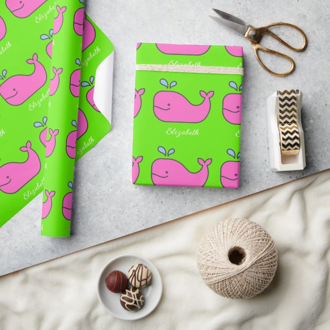 Preppy Pink and Green Whales Personalized Wrapping Paper (Crafts)