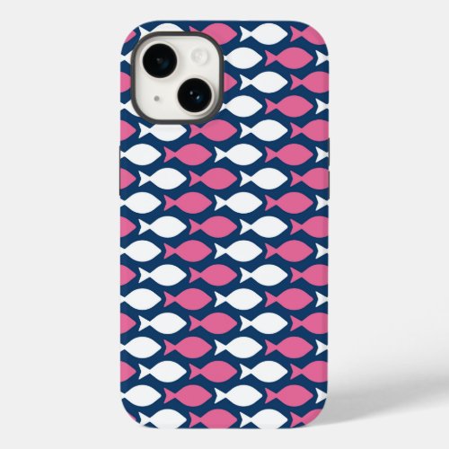 Preppy Pink and Navy Blue Fish Pattern Design Case_Mate iPhone 14 Case