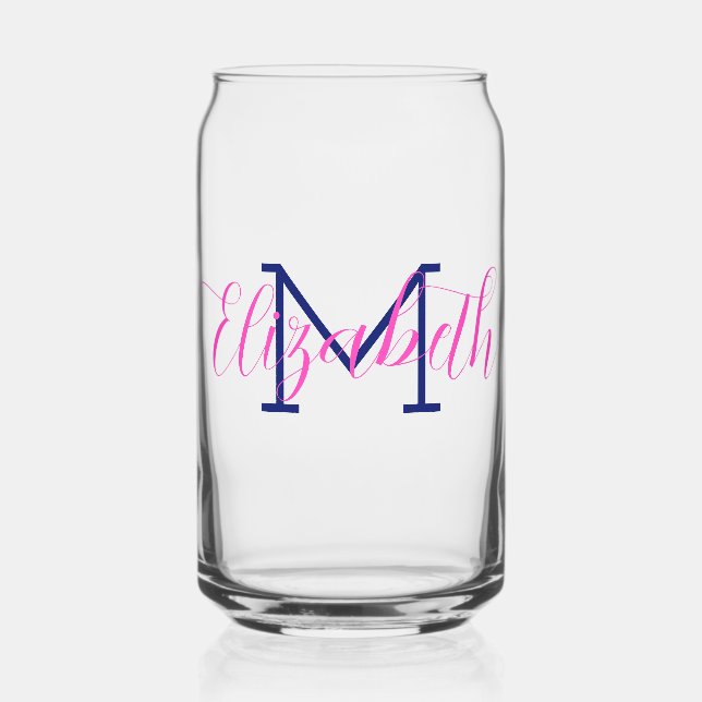 Preppy Pink and Navy Blue Monogram Can Glass (Front)
