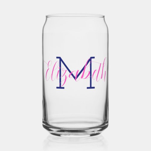 Preppy Pink and Navy Blue Monogram Can Glass