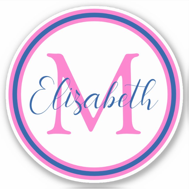 Preppy Pink and Navy Blue Monogram Sticker (Front)