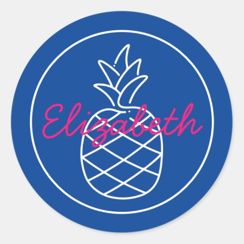 Preppy Pink and Navy Blue Pineapple Personalized Classic Round Sticker