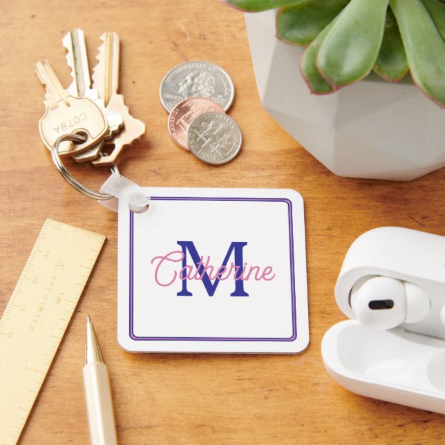 Preppy Pink and Navy Blue Simple Monogram Keychain (Desk)