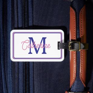 Preppy Pink and Navy Blue Simple Monogram Luggage Tag