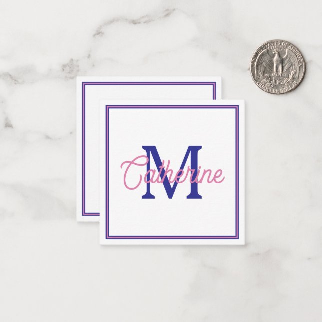 Preppy Pink and Navy Blue Simple Monogram Note Card (Front/Back In Situ)