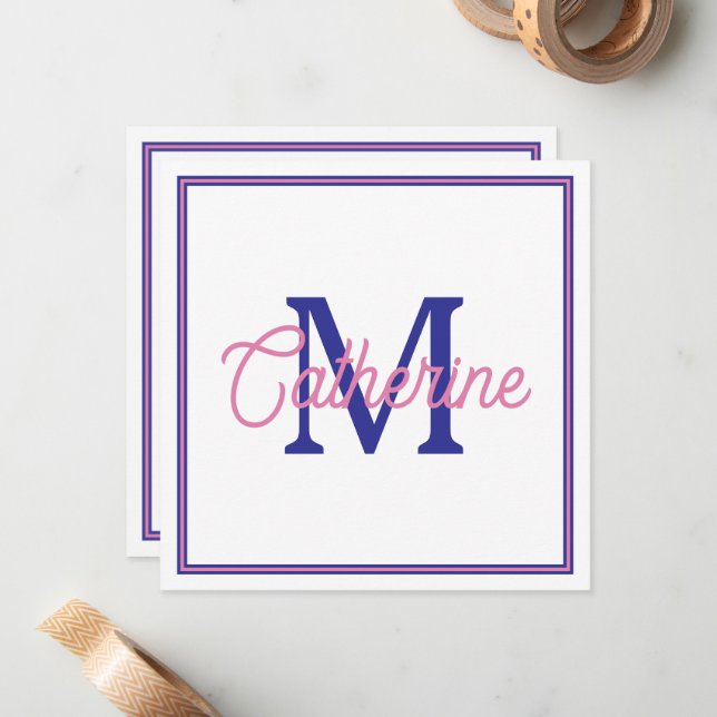 Preppy Pink and Navy Blue Simple Monogram Note Card (Front/Back In Situ)