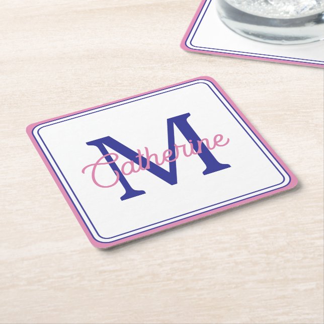 Preppy Pink and Navy Blue Simple Monogram Square Paper Coaster (Angled)