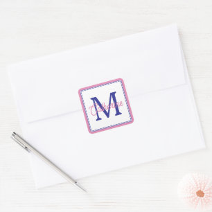 Preppy Pink and Navy Blue Simple Monogram Square Sticker
