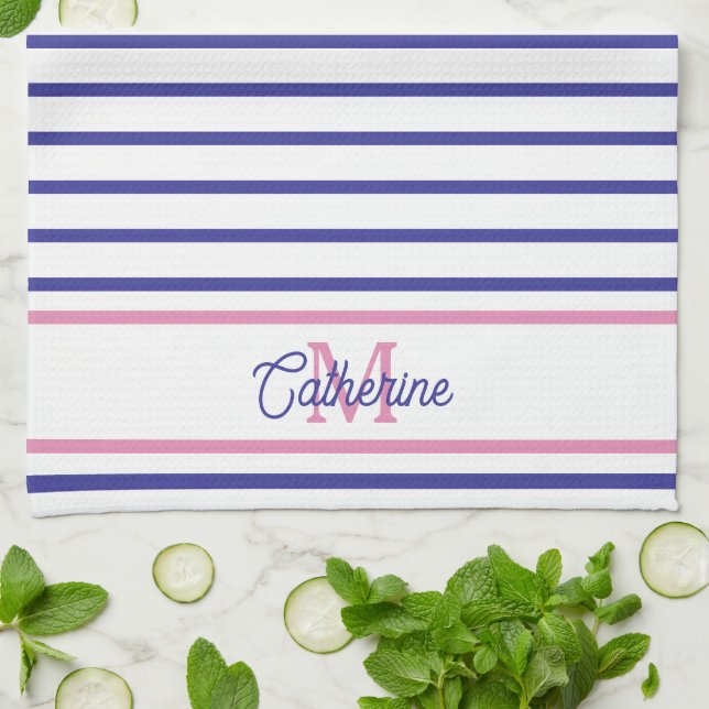 Preppy Pink and Navy Blue Stripe Simple Monogram Kitchen Towel (Folded)