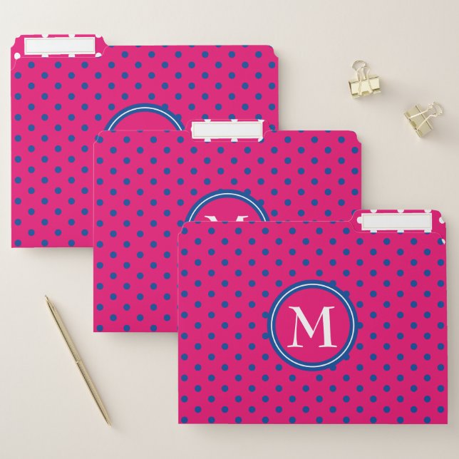 Preppy Pink and Navy Polka Dot Monogram File Folder (Set)