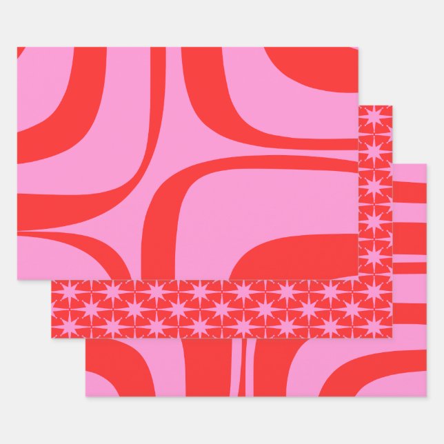Preppy Pink and Red Retro Patterns Wrapping Paper Sheets (Set)
