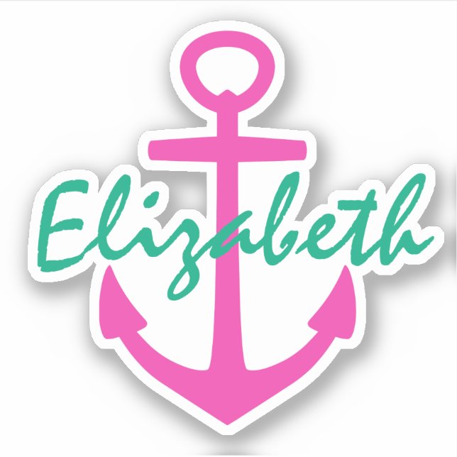 Preppy Pink and Teal Nautical Anchor Personalized Sticker (Front)