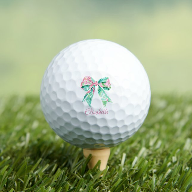 Preppy Pink and Turquoise Floral Bow Personalized Golf Balls (Insitu Tee)