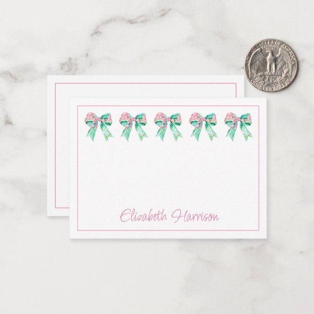 Preppy Pink and Turquoise Floral Bows Note Card (Front/Back In Situ)