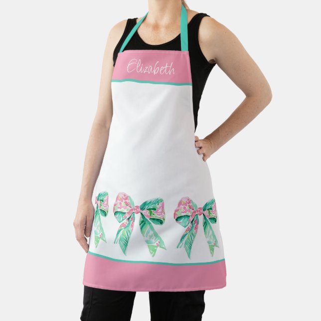 Preppy Pink and Turquoise Floral Bows Personalized Apron (Insitu)