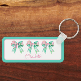 Preppy Pink and Turquoise Floral Bows Personalized Keychain