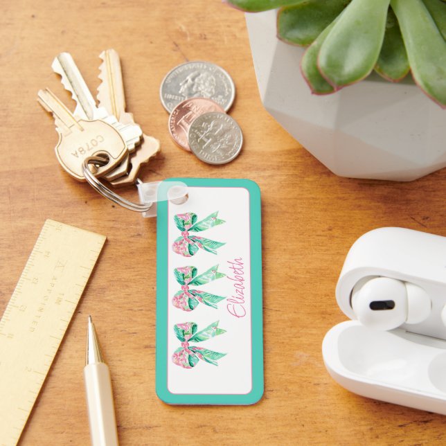 Preppy Pink and Turquoise Floral Bows Personalized Keychain (Desk)