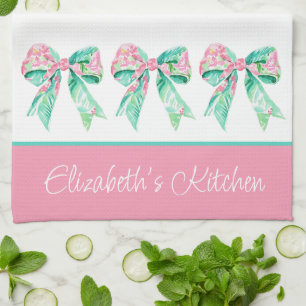 Preppy Pink and Turquoise Floral Bows Personalized Kitchen Towel