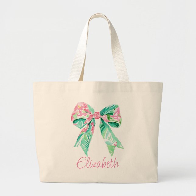 Preppy Pink and Turquoise Floral Bows Personalized Large Tote Bag (Front)