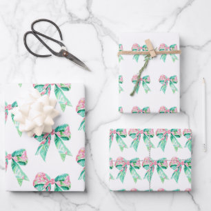 Preppy Pink and Turquoise Floral Bows Wrapping Paper Sheets