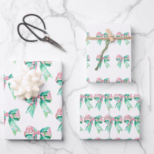 Preppy Pink and Turquoise Floral Bows Wrapping Paper Sheets (Front)