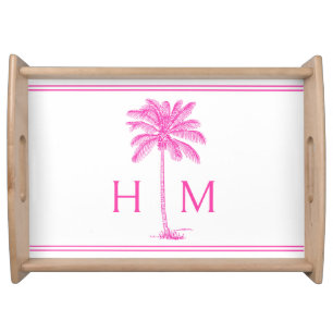Preppy Pink and White Palm Palmetto Tree Monogram Serving Tray