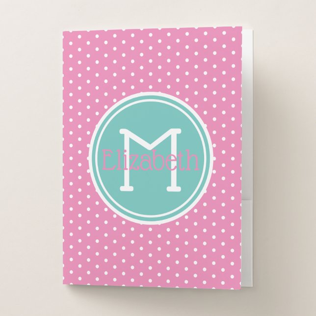 Preppy Pink and White Polka Dots Aqua Monogram Pocket Folder (Front)