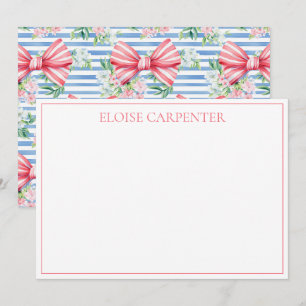 Preppy Pink and White Stripe Bows and Flowers Note Card
