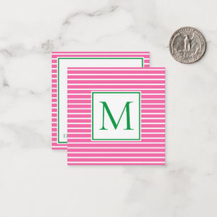 Preppy Pink and White Stripe With Green Monogram Note Card